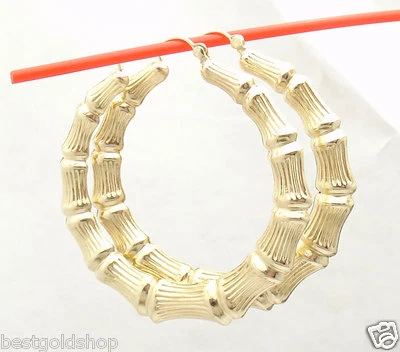 Серьги-кольца 1 3/4 дюйма 45 мм средний размер градуированные бамбук настоящее желтое золото 14 карат  - Изображение 1 из 4