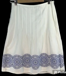 Ann Taylor Loft Women's Vtg Pleated Skirt Sz 0P Embroidered White & Blue Cotton - Picture 1 of 14