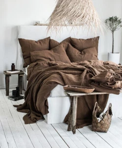 Linen Duvet Cover in Walnut King Queen Twin Full Tobacco Brown Quilt Cover Set - Picture 1 of 11