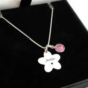 Personalised 925 Stg Silver Flower Necklace with Birthstone, Engraved Gift,Women - Picture 1 of 12