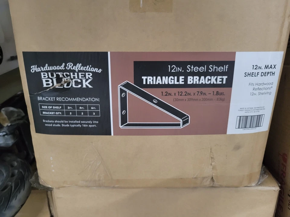 BOX OF 20- HARDWOOD REFLECTIONS - 12" TRIANGLE BRACKETS - Heavy Duty Black Steel - Image 1 of 1