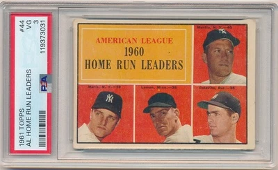 MICKEY MANTLE ROGER MARIS 1961 TOPPS #44 AL HOME RUN LEADERS YANKEES PSA 3 VG - Image 1 of 2