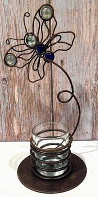 Arte de metal mariposa con canicas de vidrio blanco y azul Sprial Voltive candelabro Foto 1 de 4