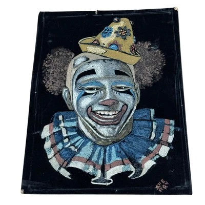 Vintage Black Velvet Clown Painting MCM Creepy Scary 11x16 - Image 1 of 4
