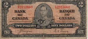 Bank of Canada 1937 $2 Two Dollars Coyne-Towers E/R Prefix VG/F - Picture 1 of 2