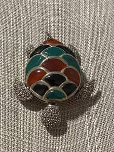 VNT Sterling Silver Stone Inlay Turtle Pendant / Brooch Chrysopras Onyx Tortoise - Picture 1 of 16