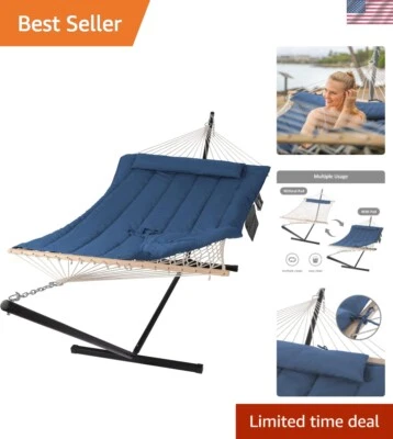 Hamaca doble grande azul marino con almohadilla acolchada reversible y soporte - 475 libras de capacidad Foto 1 de 4