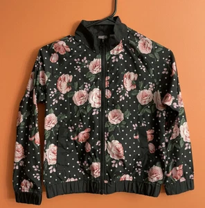 Z by Zella Girl's Bomber Windbreaker Jacket size M 8-10 Floral Roses Black Pink - Picture 1 of 8