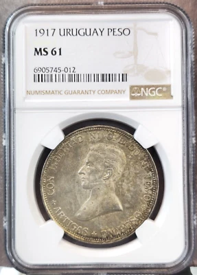 1917 URUGUAY SILVER 1 PESO JOSE ARTIGAS NGC MS 61 EXTREMELY RARE MINT STATE - Image 1 of 3