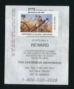 Permiso de caza de Iowa 1992 con estampilla de pato usado IO22 para aves acuáticas - Imagen 1 de 5
