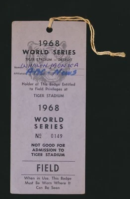 Boleto de béisbol 1968 de los Tigres y Cardenales de Detroit Serie Mundial etiqueta de pase de prensa Foto 1 de 2