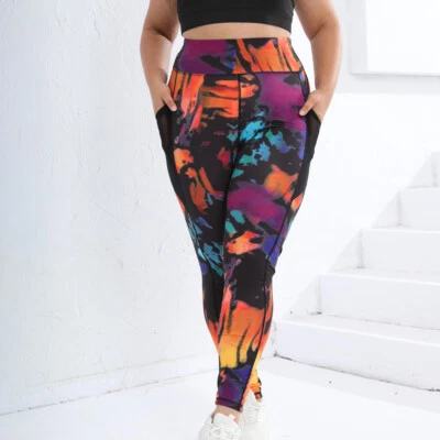 Tie Dye Plus Size Women's Leggings Sports Pocket Yoga Pants Gym Fitness 0XL-4XL - Image 1 of 4
