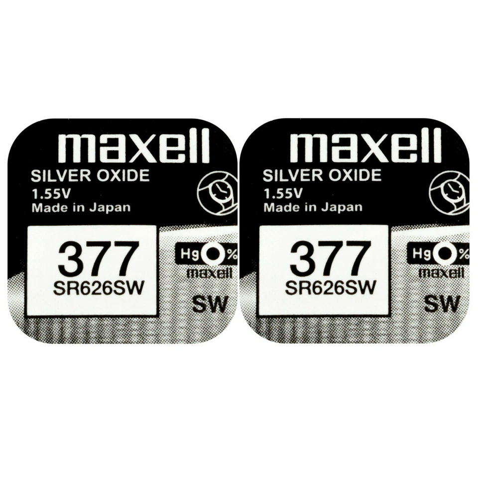 2 x Maxell 377 Pila Batteria Orologio Mercury Free Silver Oxide SR626SW 1.55V