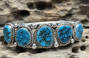 Native American Navajo Sterling Silver Sleeping Beauty Bracelet Leslie Nez - Picture 1 of 11