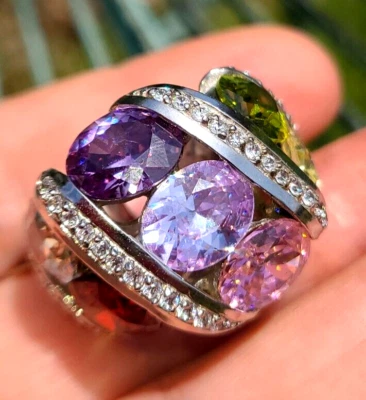 LAUREN G ADAMS PLATA ESTERLINA 925 CÓCTEL MULTICOLOR CIRCONITA NUEVO NUEVO CON ETIQUETAS TALLA 8 RARO Foto 1 de 4