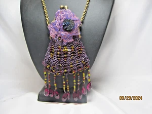 VTG Hand Beaded PURPLE & GOLD GEMSTONE TASSLE Hand Bag / PURSE 4 X 2 INCH !!! - Picture 1 of 6