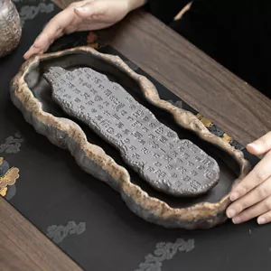 Crude Pottery Tea Tray Water Reservoir Ceramic Serving Tray Heart Sautra Carved - Picture 1 of 10