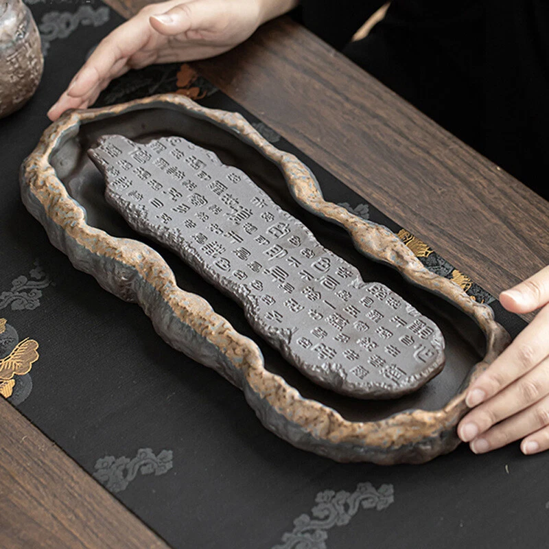 crude pottery tea tray water reservoir ceramic serving tray heart sautra carved - Image 1 of 4