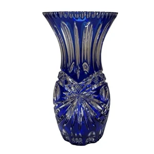 Vintage Bohemian Czech Cobalt Blue Cut to Clear Leaded Crystal Vase 12” Tall - Picture 1 of 7