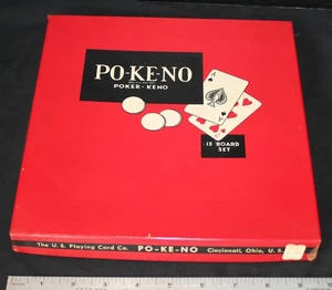 PO-KE-NO Poker-Keno Juego de Cartas de Mesa 12 Tableros Original Paquete de Fichas Rojas De Colección - Imagen 1 de 7