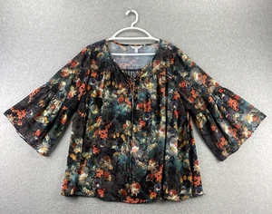 Boutique + 1X mehrfarbige geblümte Bluse zum Schnüren 3/4 Glockenärmel V-Ausschnitt transparent gewebt - Bild 1 von 9
