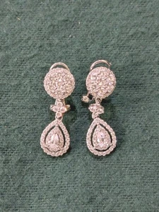 Sterling Silver & CZ Dangle Drop Earrings 1" Long Omega Back - Picture 1 of 7