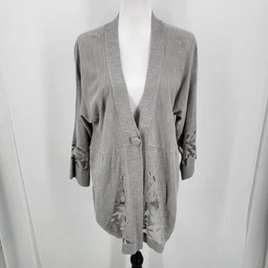 Susan Graver Strickjacke Damen XL grau Mesh Botanical Cutout ein Knopf Druckknopf - Bild 1 von 11