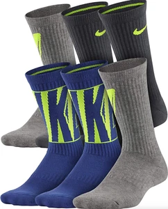 Nike A7254 Multicolor Cushioned Crew Training Socks 3 Pair Boy's Size 7-8.5 - Picture 1 of 2