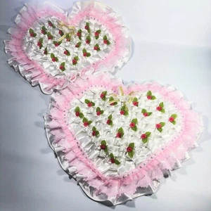 NWD Set of 2 Heart Wedding Baby Handmade Flower Rose White Pink Pillow 18" x 14" - Picture 1 of 9