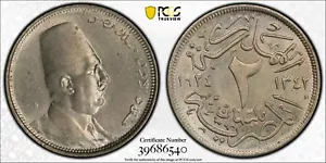 EGYPT , 2 MILLIEMES KING FUAD 1924 PCGS MS 63 ( ST1B ) , RARE - Picture 1 of 1