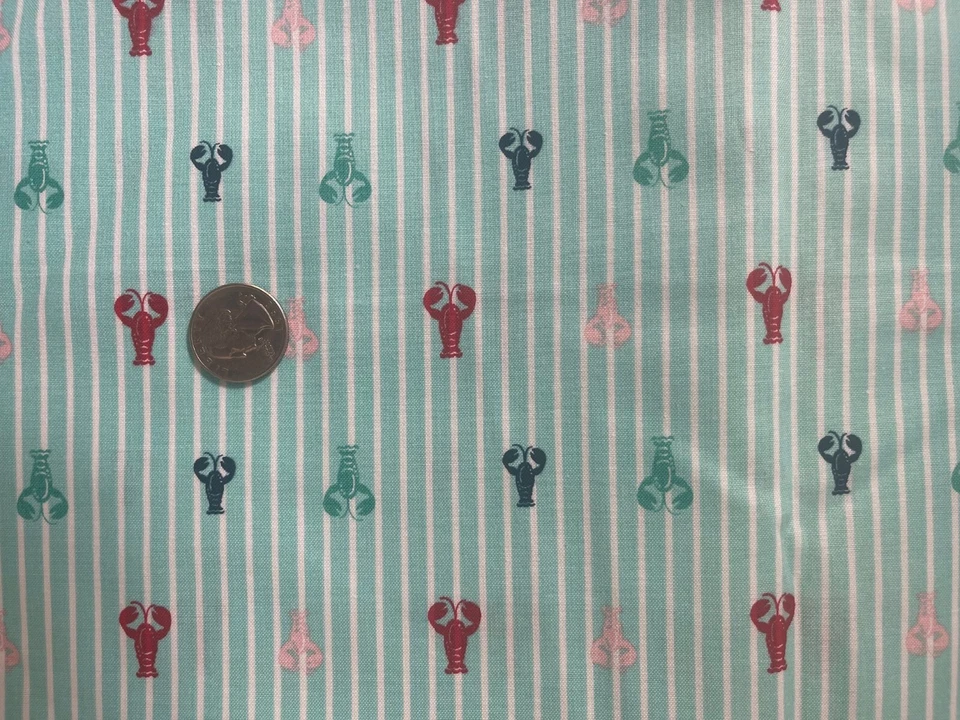 SEASIDE NAUTICAL LOBSTER STRIPE AQUA Fabric 100% Cotton Material SOLD BTHY - Image 1 of 1