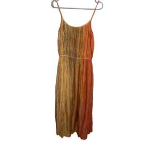 FRYE Womens Silk Blend Tie Dye Scoop Neck Sleeveless Midi Dress Orange Tan XS - Picture 1 of 6
