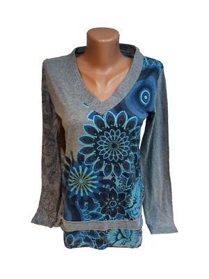 Desigual  women's t-shirt blouse size M gray blue long sleeve floral - Image 1 of 4