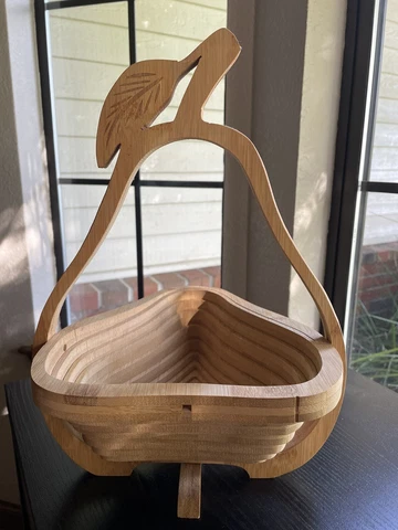 CARVED WOOD COLLAPSIBLE POP UP PEAR SHAPED FRUIT BOWL BASKET / TRIVET FOLDS FLAT Cover