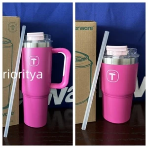 Tupperware Großer T Becher Klappdeckel 37 Unzen und 21 Unzen Strohhalm Rosa Set 2 Neu - Bild 1 von 7