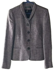RALPH LAUREN Blazer Black Cream Herringbone Size 8 Silk Linen Blend Academia GUC - Picture 1 of 16