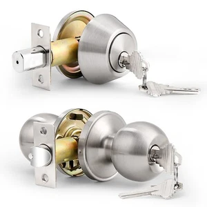 Exterior Front Entry Door Handle Lock Set Round Knob Keyed alike Single Deadbolt - Picture 1 of 6