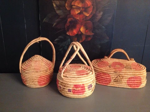 3 Primitive abstract handwoven Basket handpainted Seagrass rattan lidded storage Cover