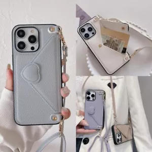 For iPhone 14 13 12 Pro Max 11 Wallet Luxury Leather Crossbidy Strap Case Cover - Picture 1 of 19