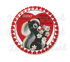 Adorable Retro Valentine's Day Skunk Handmade Mirror, Magnet, or Pin 2.25" - Picture 1 of 4