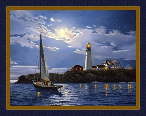 Panel de tela de algodón Serenity Moonlight Sail Lighthouse Dave Barnhouse 36x44" - Imagen 1 de 1
