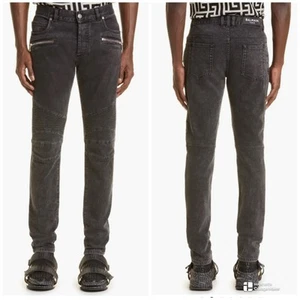 Balmain Moto Slim Fit Herren Jeans Größe 32 Washed Faded Black EUC Reißverschlüsse Biker - Bild 1 von 19