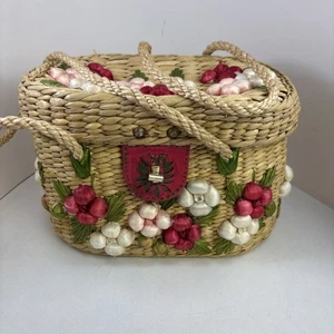 Bolso de Mano Vintage Tejido Paja Rafia Hoja de Palma Floral - Imagen 1 de 9