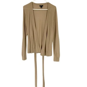 Halogen Tan Long Sleeve Open V-Neck Belted Cardigan Size M 50% Wool - Picture 1 of 6