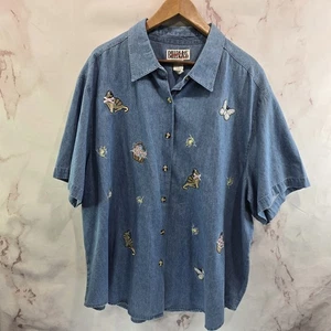 Vintage Cat Shirt Womens 3X 90s Denim Jean Embroidered Button Shorts Sleeve  - Picture 1 of 10