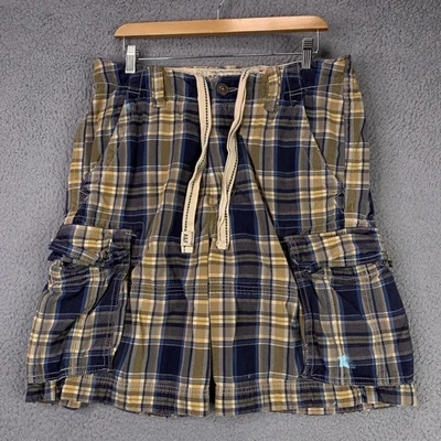 Vintage Abercrombie & Fitch Shorts Mens 32 Blue Tan Tartan Plaid Cargo Y2K Baggy - Image 1 of 4