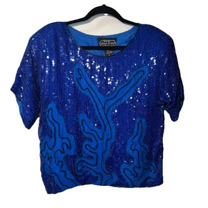 Jean de Colección Años 80 para Joseph Le Bon Lentejuelas Seda Formal Top Azul Real/Negro Pequeño - Imagen 1 de 8