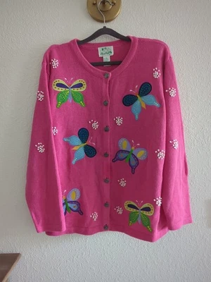 Quacker Factory Sweater w/Butterflies Cardigan Women's Size Large Pink  - Image 1 of 4