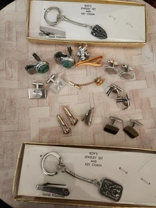 Grandpas jewelry lot cuff links, tie clasp/tacs boys vtg keyring tie clip - Picture 1 of 7
