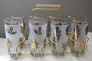 VINTAGE LIBBEY MCM GOLD OAK LEAF 7 GOLD 1 SILVER GLASSES METAL BARWARE SET - Picture 1 of 1